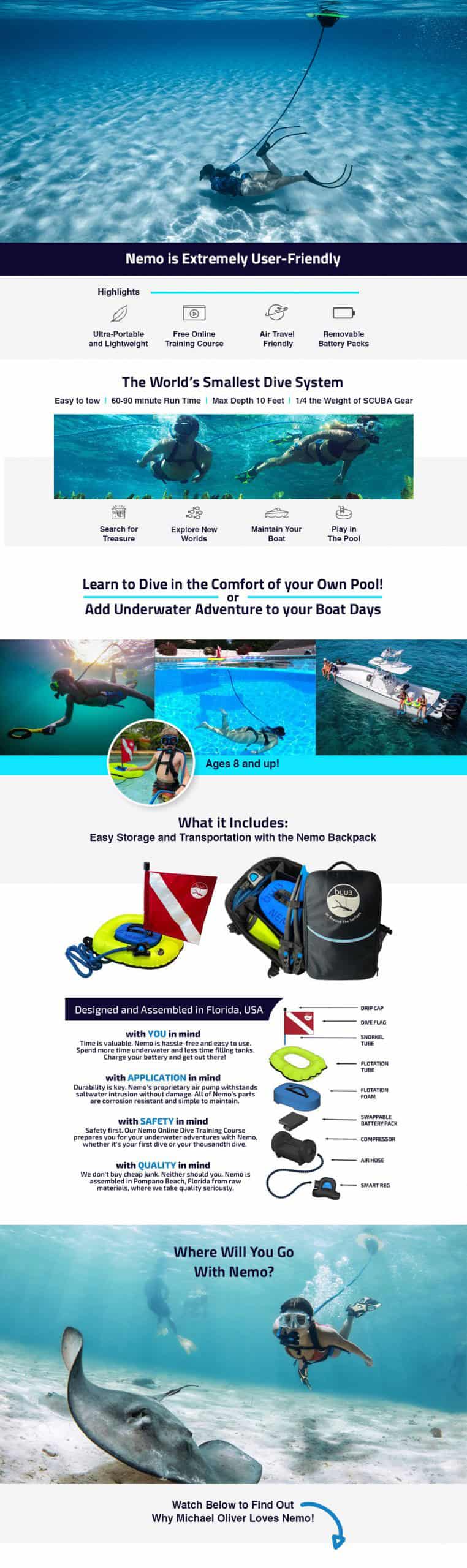 Nemo by BLU3 Worlds Smallest Dive System with backpack